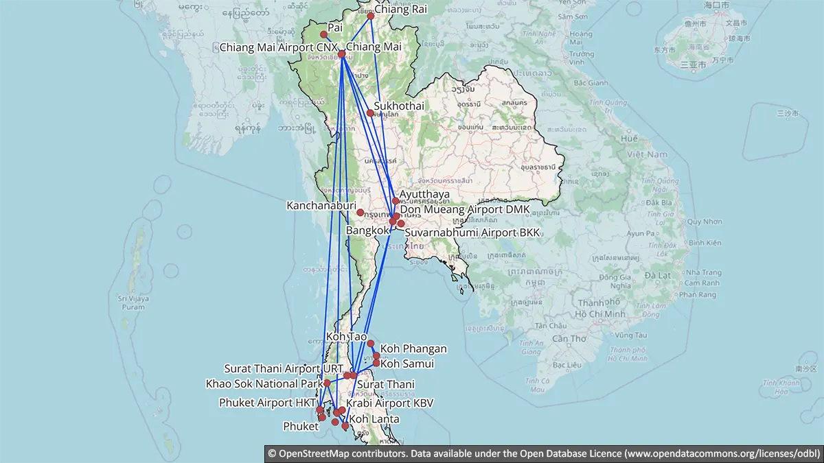 Map showing alternative three-week Thailand backpacking routes through the Gulf islands, Khao Sok, the Andaman coast and northern Thailand