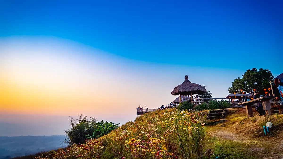 Mountain viewpoint and flowers near Pai in northern Thailand