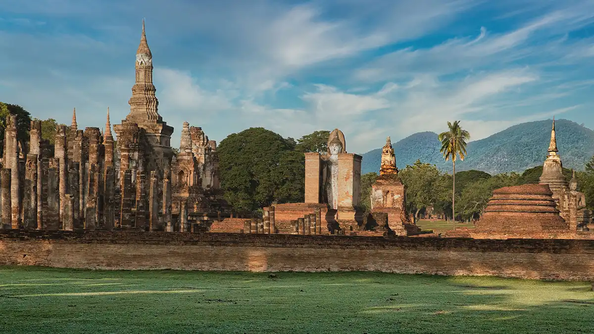 Ancient temple ruins in Sukhothai Historical Park Thailand