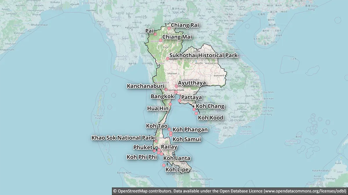 Map of Thailand showing core first-trip bases, optional additions and specialist destinations for first-time visitors