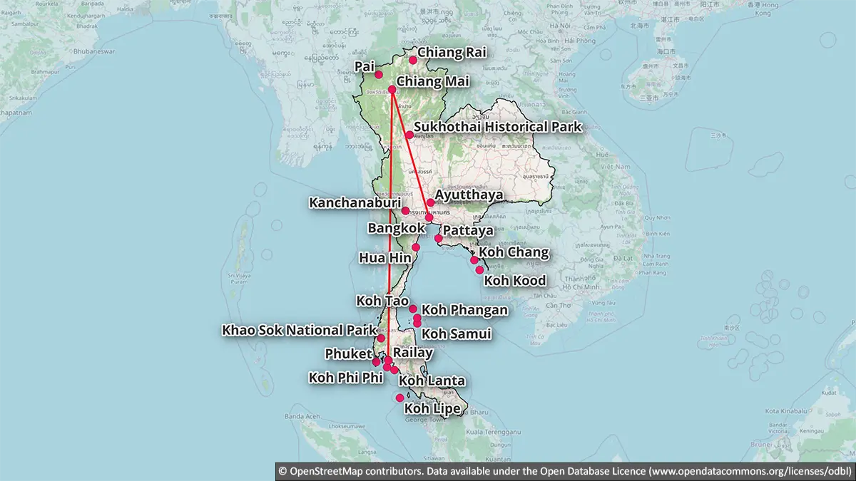 Map showing a ten-day first-time Thailand route through Bangkok, Chiang Mai and Krabi or Ao Nang