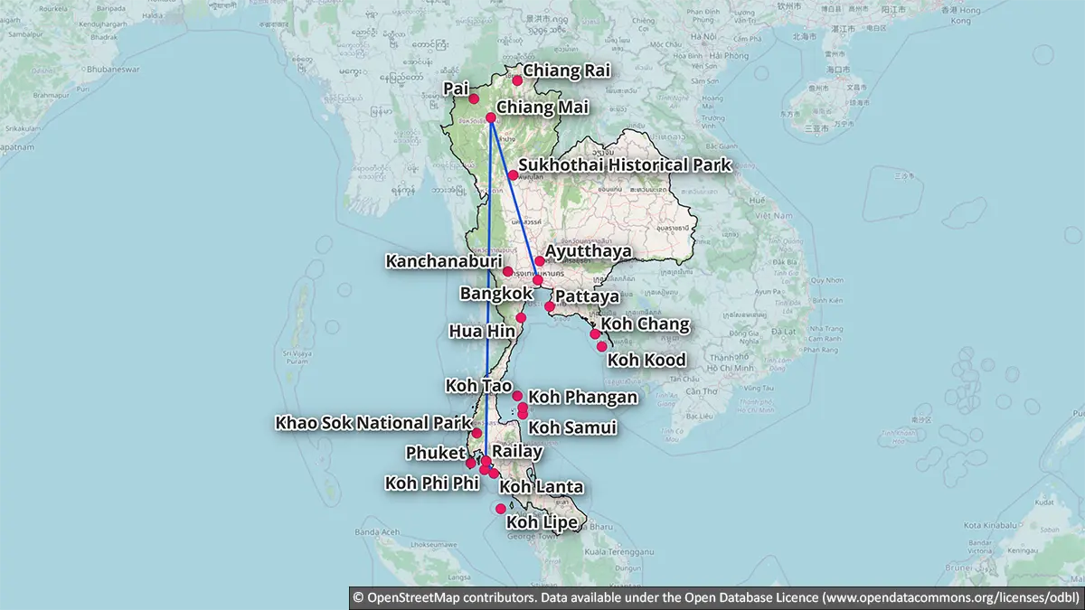 Map showing a two-week Thailand route through Bangkok, Chiang Mai, Krabi or Ao Nang and Koh Lanta