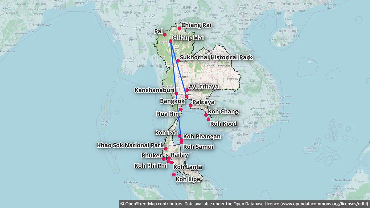 Map showing a two-week Thailand Gulf route through Bangkok, Chiang Mai, Koh Samui and Koh Tao