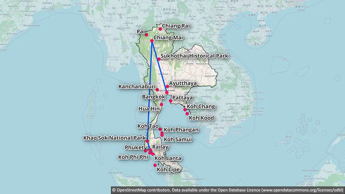 Map showing a three-week Thailand nature route through Bangkok, Chiang Mai, Khao Sok, Krabi and Koh Lanta