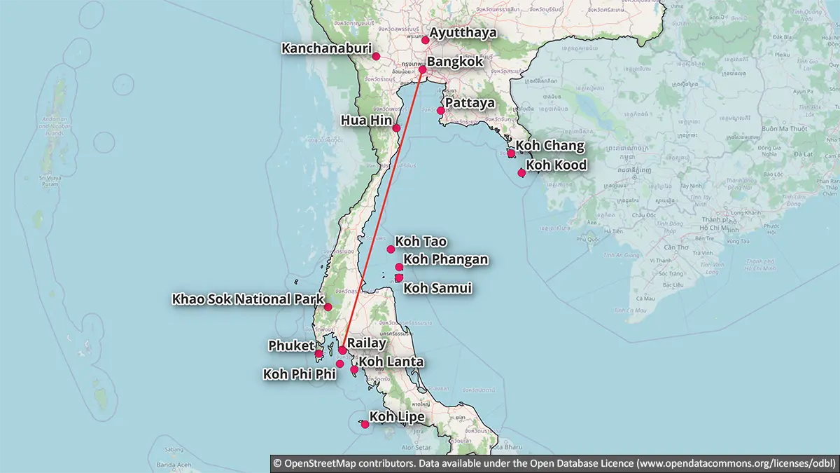 Map showing a seven-day Thailand route combining Bangkok with Krabi or Ao Nang