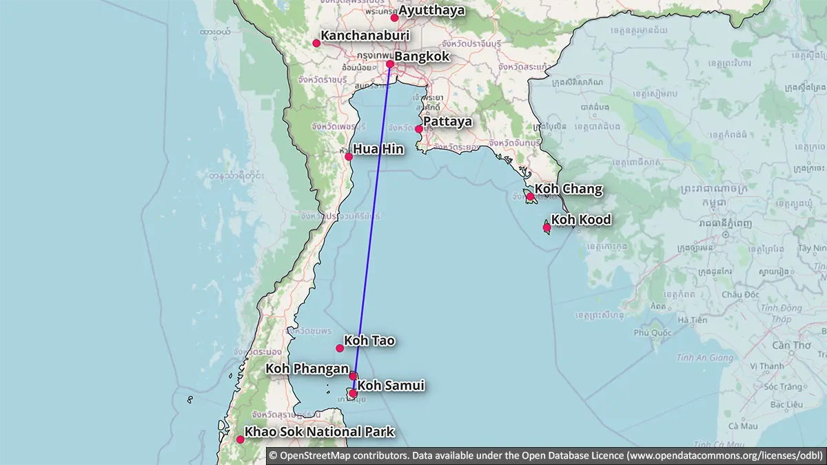 Map showing a seven-day Thailand route combining Bangkok with Koh Samui