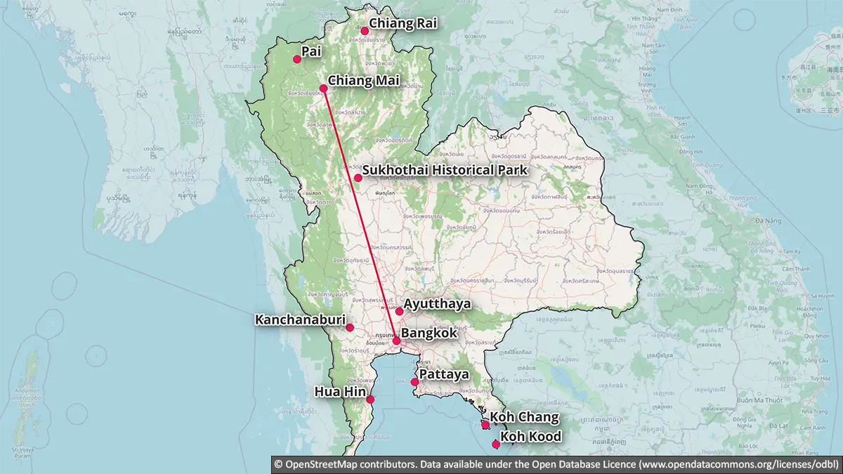 Map showing a seven-day Thailand route combining Bangkok and Chiang Mai