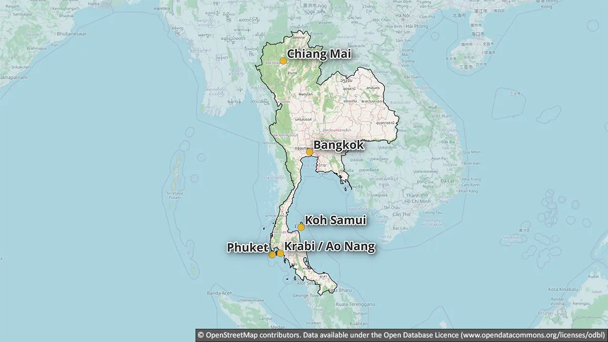 Map showing Bangkok, Chiang Mai, Krabi or Ao Nang, Phuket and Koh Samui as common first-trip bases in Thailand
