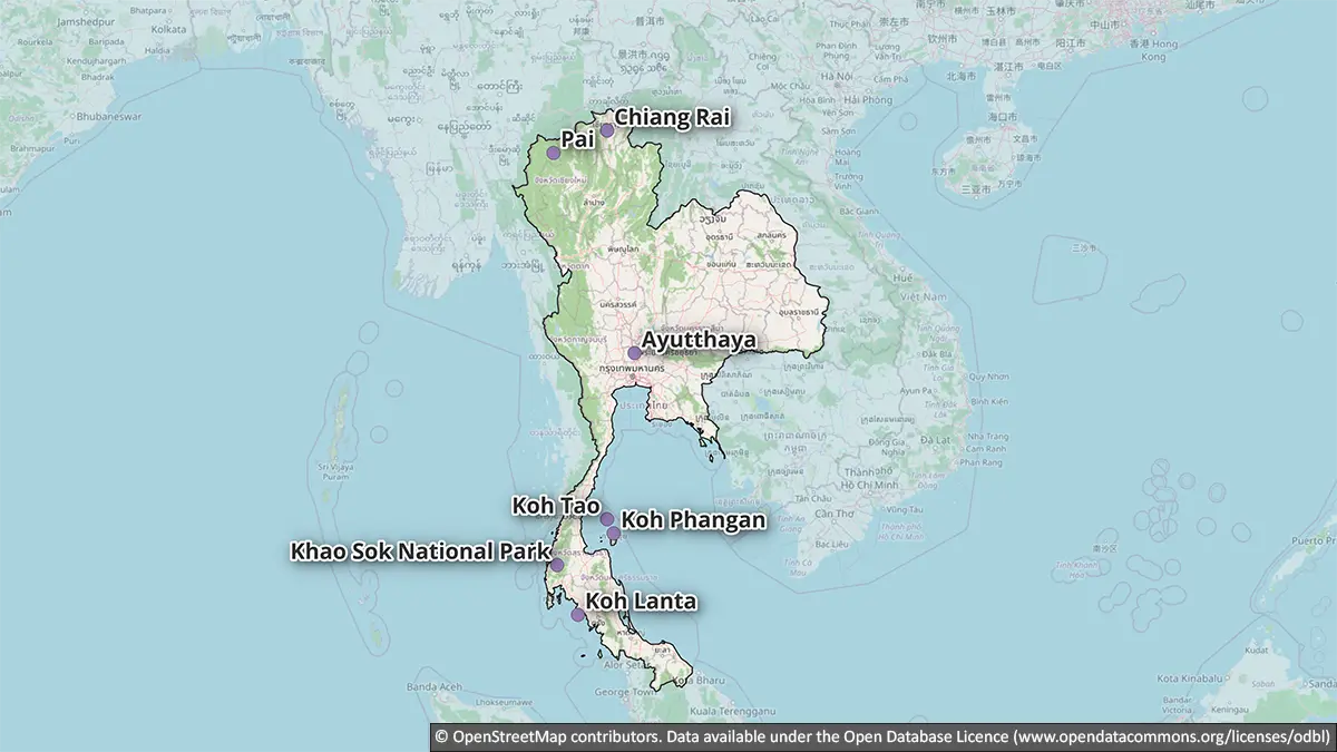 Map showing optional Thailand additions including Ayutthaya, Khao Sok, Koh Lanta, Koh Phangan, Koh Tao, Pai and Chiang Rai