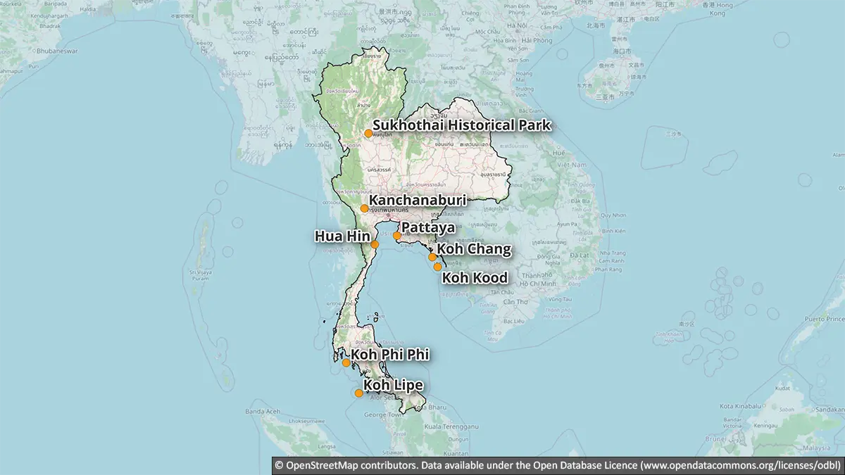 Map showing specialist or later-trip Thailand choices including Sukhothai, Kanchanaburi, Koh Phi Phi, Hua Hin, Pattaya, Koh Chang, Koh Kood and Koh Lipe