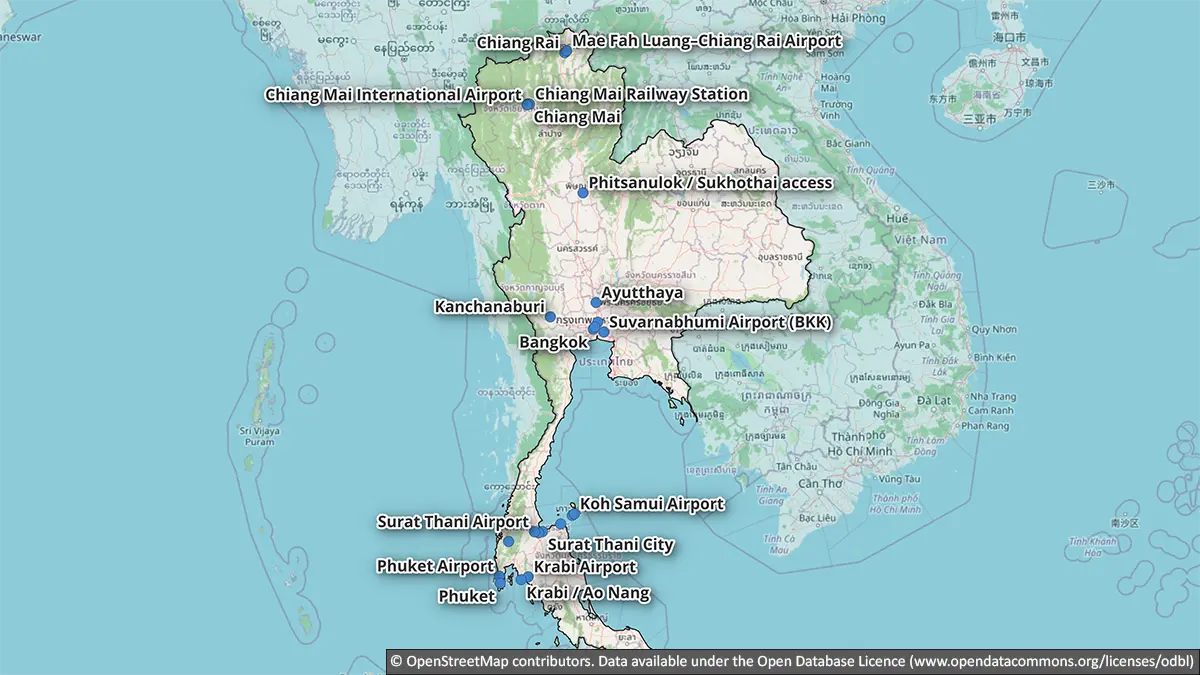 Map showing Thailand's main transport gateways for flights, trains, regional transfers and island ferries