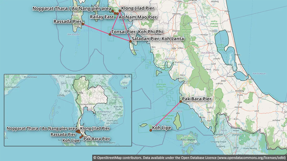 Map showing ferry and boat connection logic between Phuket, Krabi, Railay, Koh Phi Phi, Koh Lanta and Koh Lipe gateways