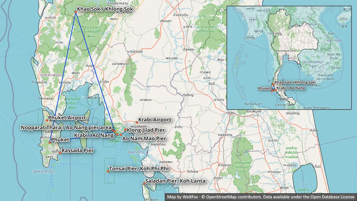 Map showing road-transfer logic between Phuket, Khao Sok, Krabi and Ao Nang