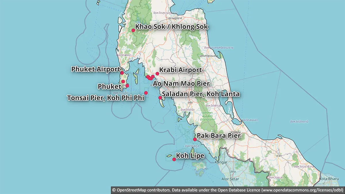 Map showing Andaman transport gateways including Phuket, Krabi, Khao Sok, Koh Phi Phi, Koh Lanta, Pak Bara and Koh Lipe