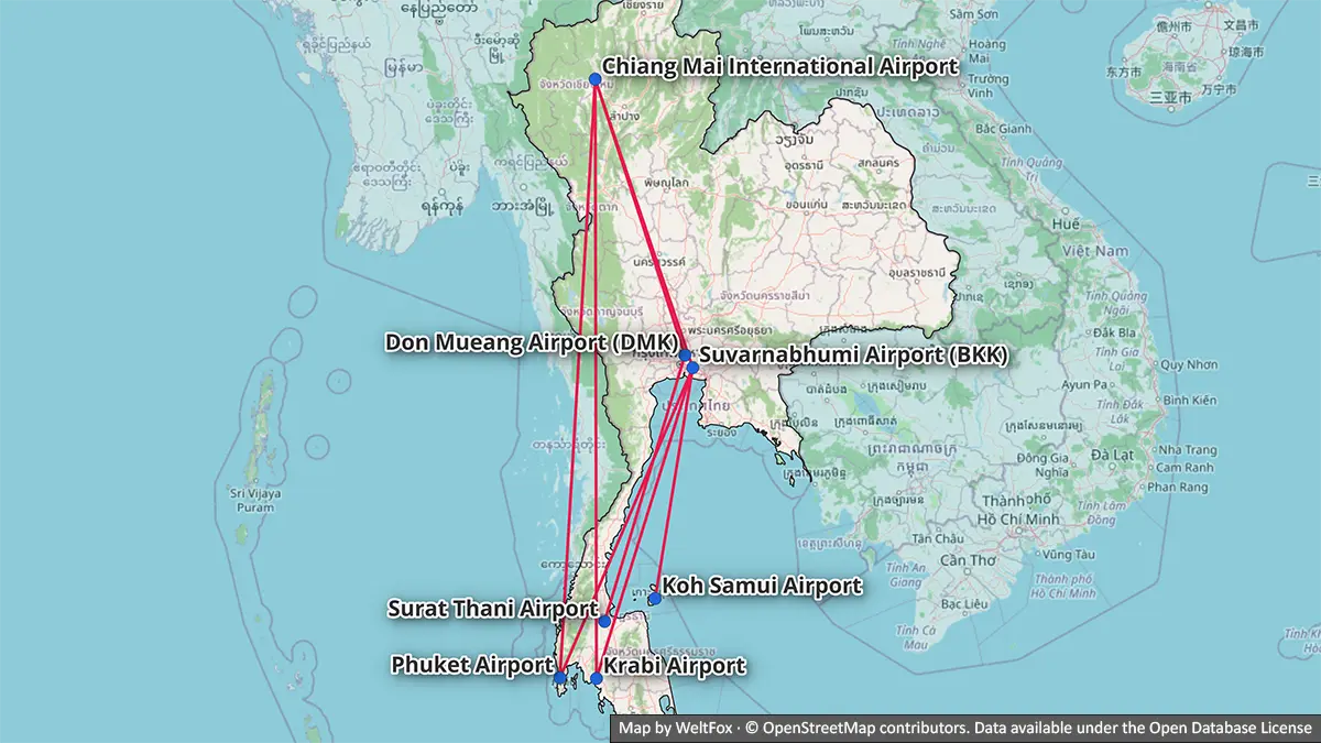 Map showing conceptual domestic flight links between Bangkok, Chiang Mai and Thailand's southern airport gateways
