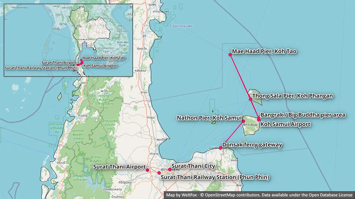 Map showing ferry connection logic between Donsak, Koh Samui, Koh Phangan and Koh Tao