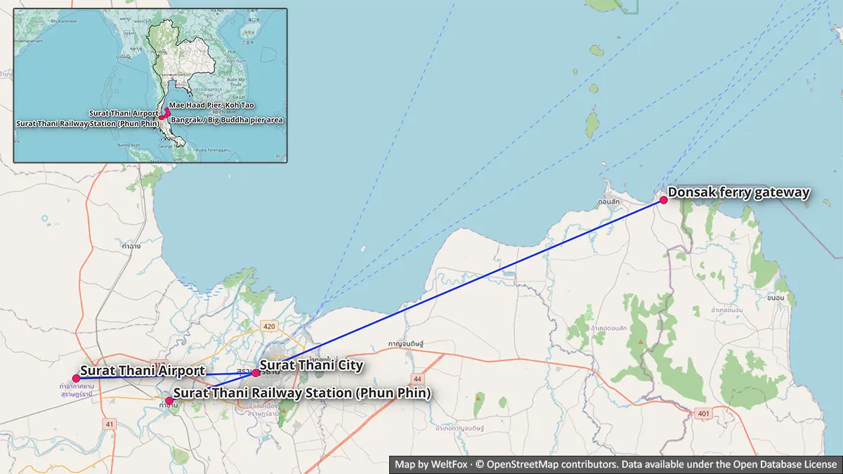 Map showing mainland transfer logic between Surat Thani Airport, Surat Thani city, Phun Phin railway station and Donsak ferry gateways
