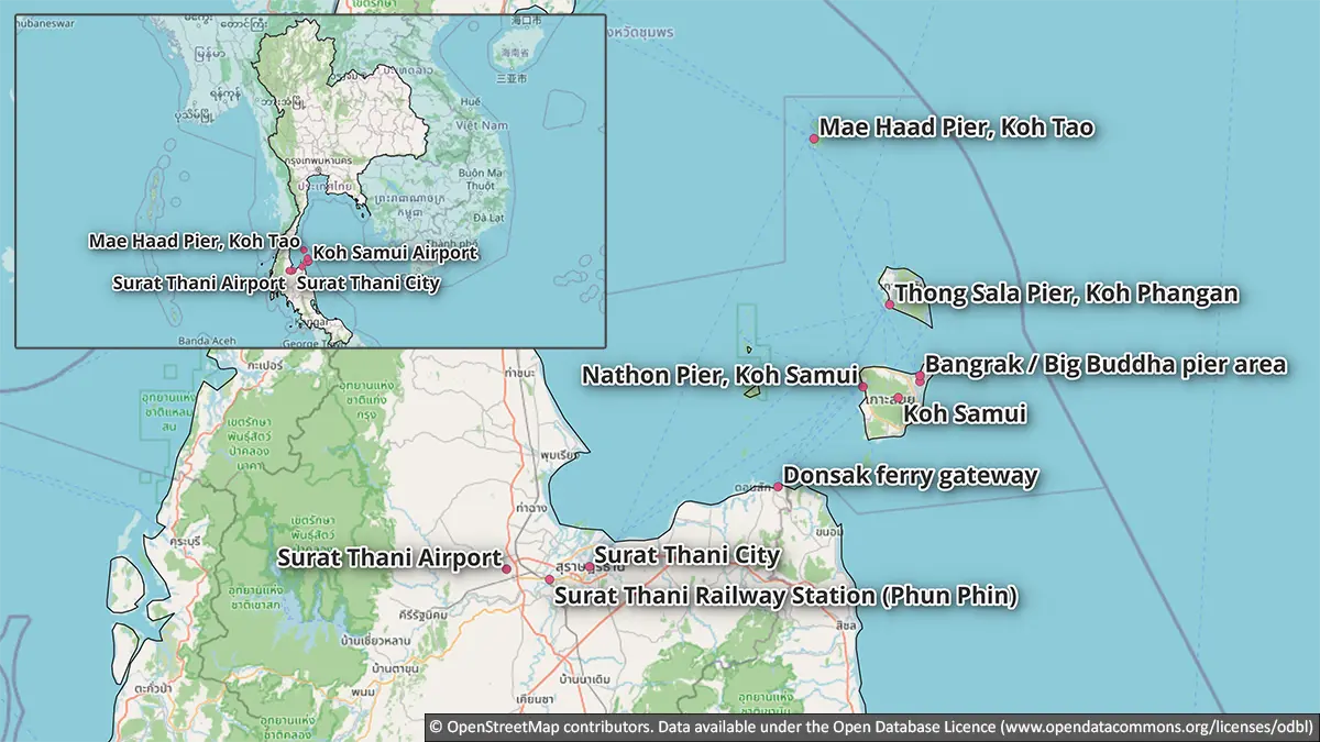 Map showing Surat Thani, Donsak, Koh Samui, Koh Phangan and Koh Tao transport gateways