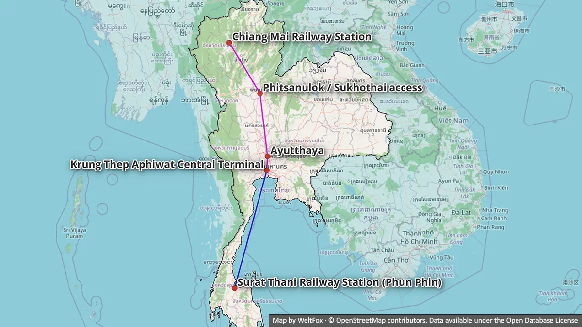 Map showing simplified northern and southern railway corridors from Bangkok toward Chiang Mai and Surat Thani