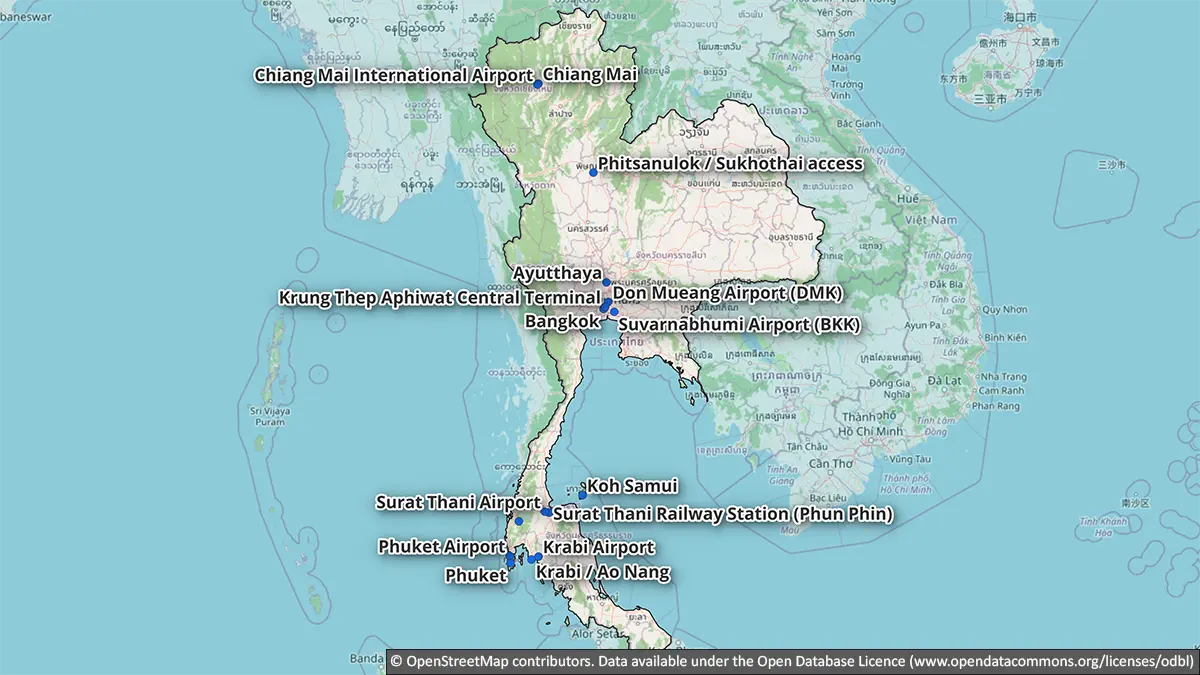 Map showing major transport gateways between Bangkok, northern Thailand and southern Thailand