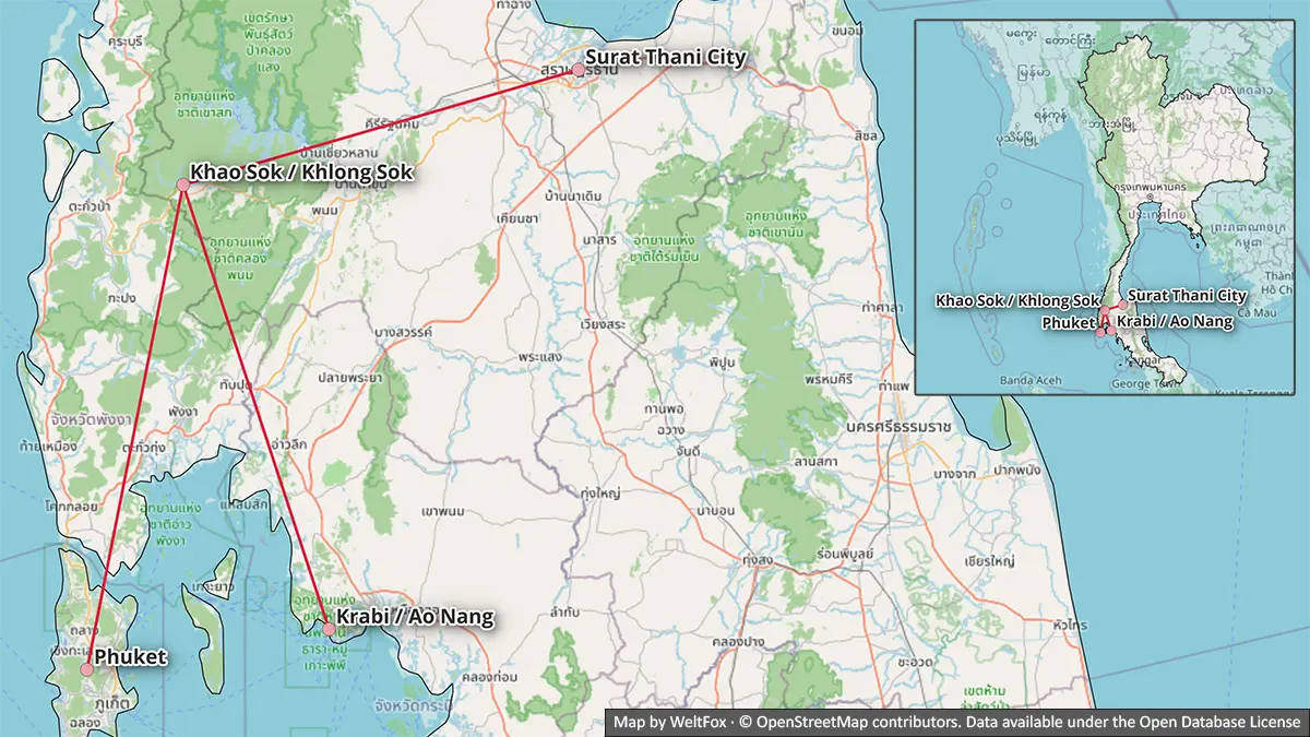 Map showing regional road-transfer logic between Surat Thani, Khao Sok, Phuket and Krabi or Ao Nang