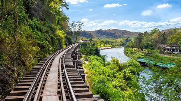 Kanchanaburi river and mountain scenery on a Thailand travel route