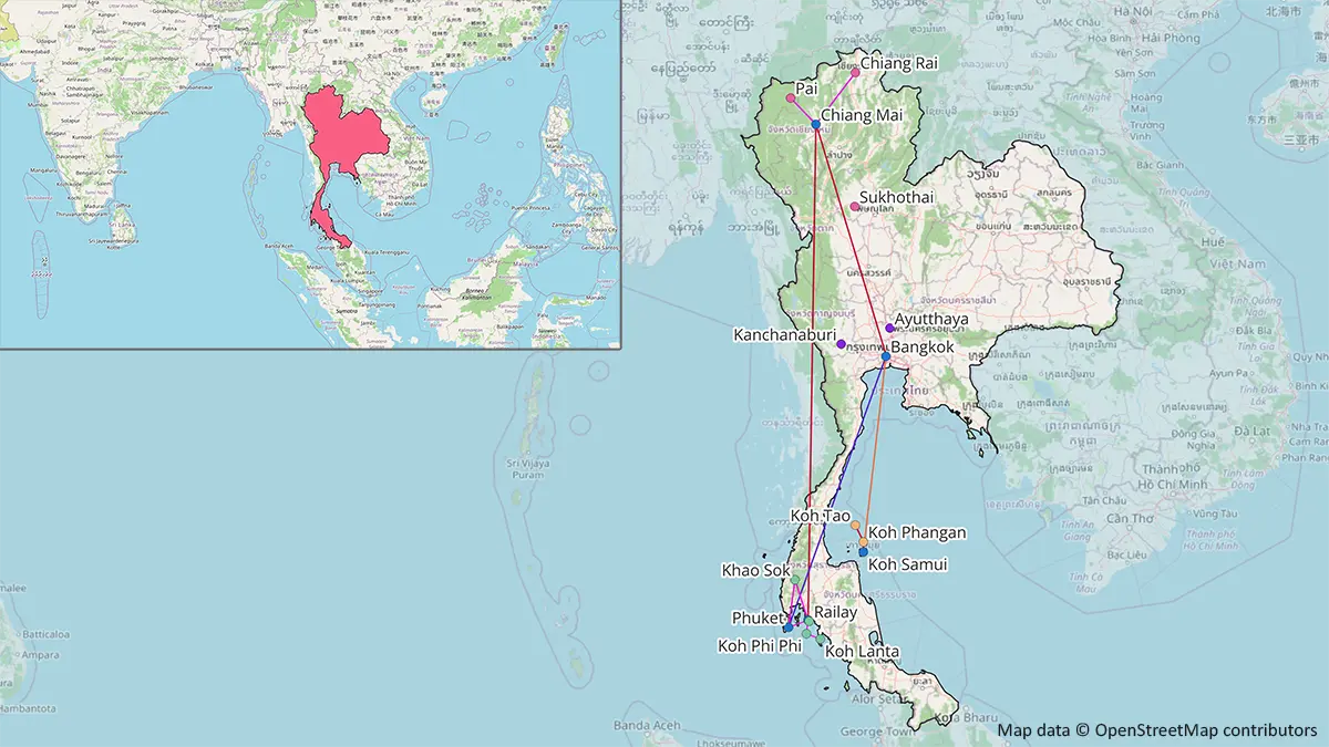 Thailand travel guide route map showing Bangkok, northern Thailand, the Andaman coast and Gulf islands
